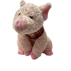 Hugfun Pink Pig Plush Stuffed Animal Red Plaid Scarf 10 Inch Soft Sherpa Toy